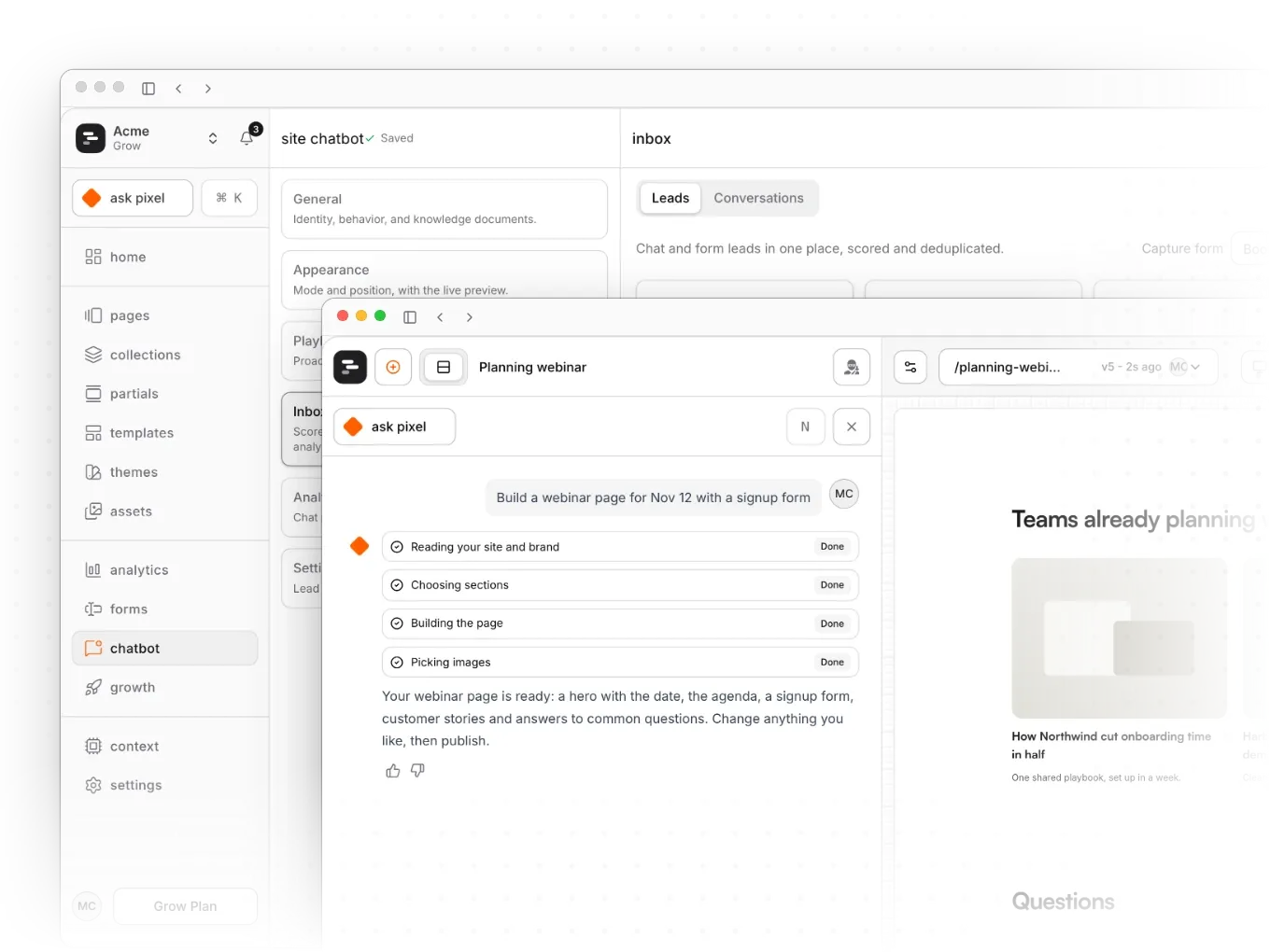 Two Pixelesq windows: the Acme leads inbox behind the page editor with a finished draft