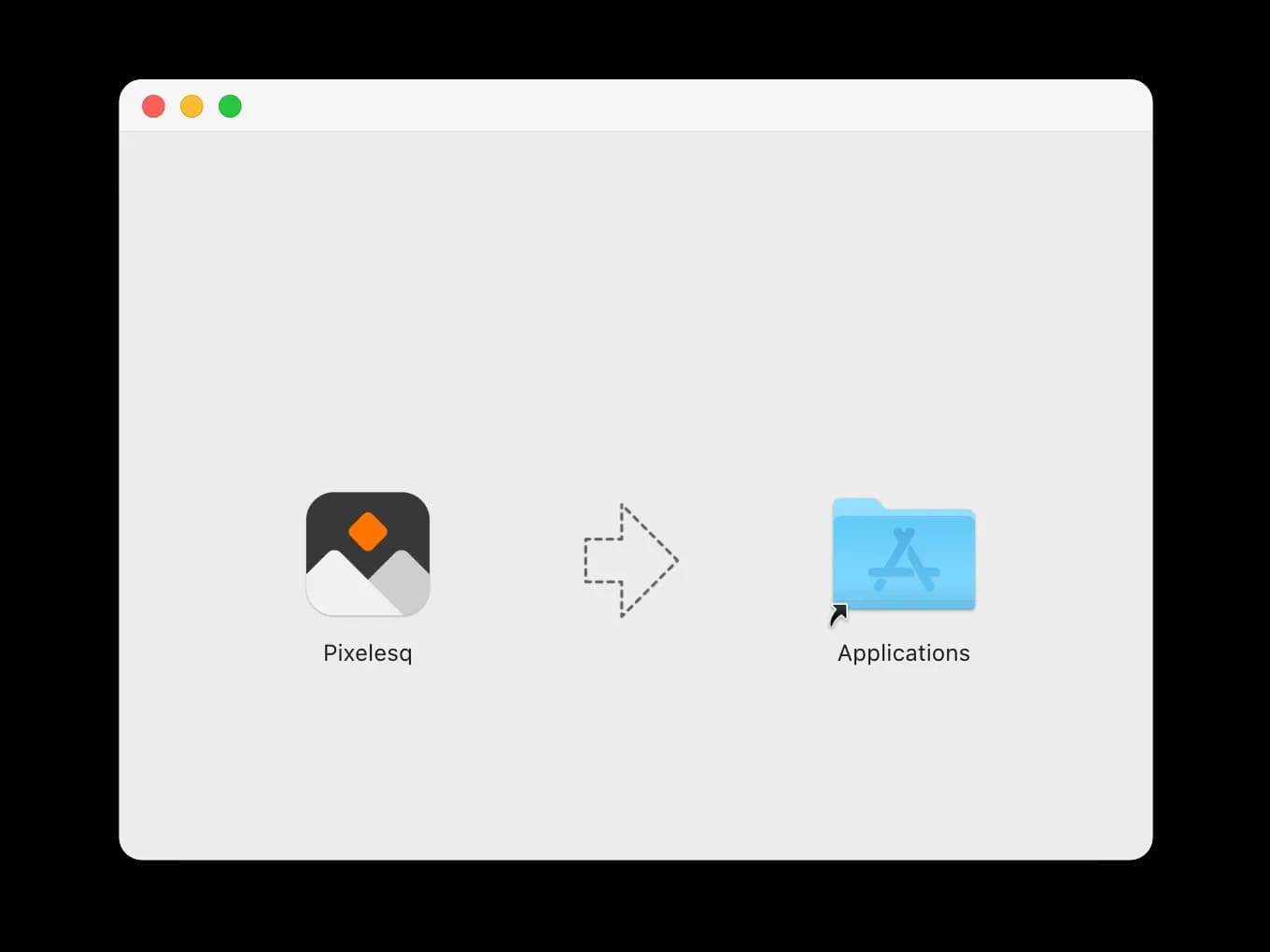 The Pixelesq disk image window: the Pixelesq app icon, an arrow, and the Applications folder