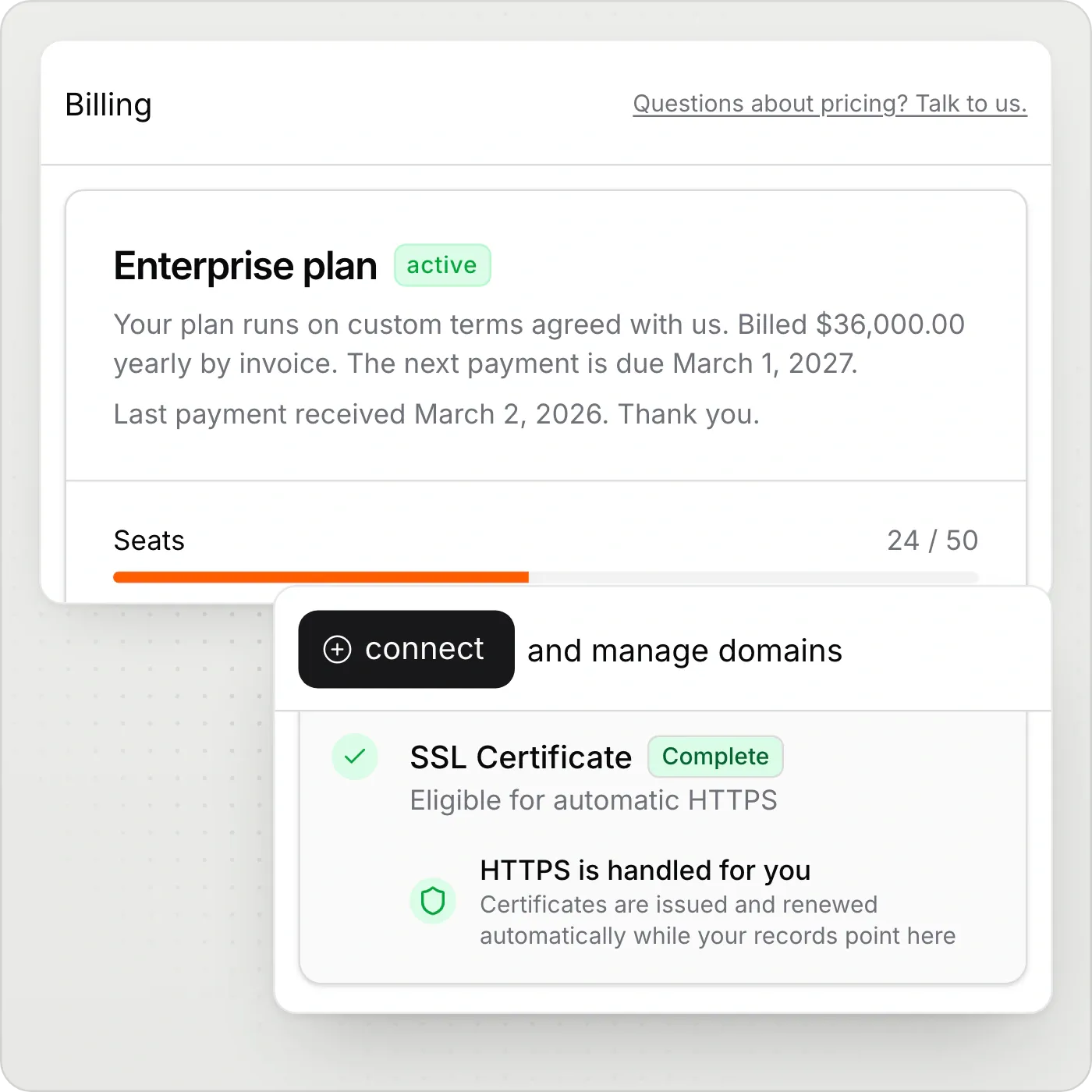 <p>One annual contract covers the platform, hosting and support.</p>