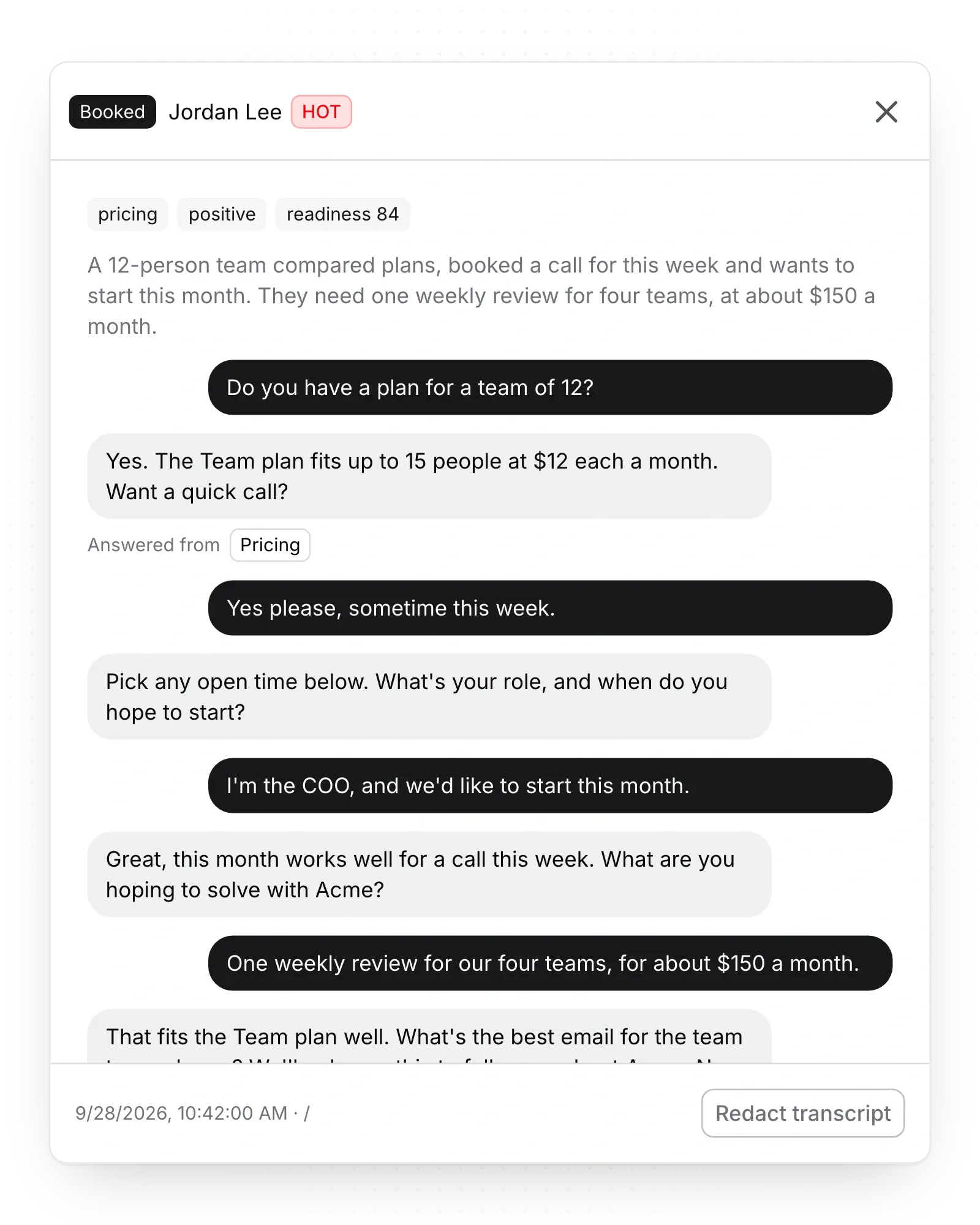 The chatbot qualifies leads as it talks